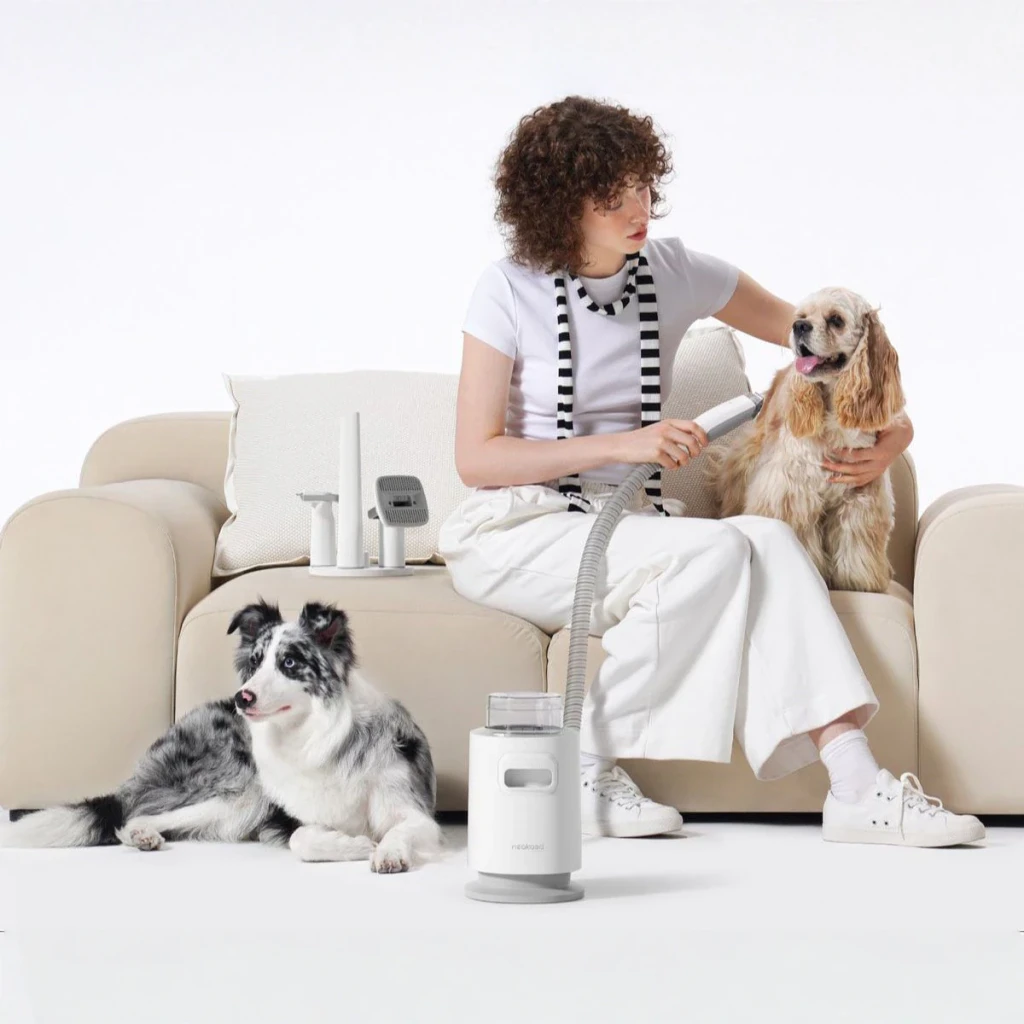 Kit de aseo Neakasa P0 Pro Blanco, en uso: mujer cepilla un cocker spaniel en sofá con unidad aspiradora y accesorios