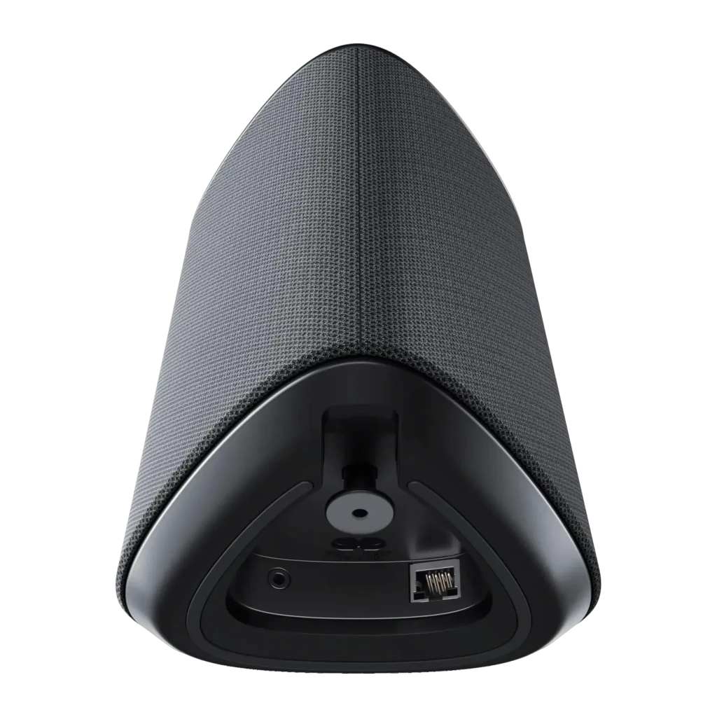 Altavoz Multiroom Loewe Klang MR1 30W WiFi Doble Banda, Bluetooth Gris, vista trasera: base con puerto Ethernet, jack