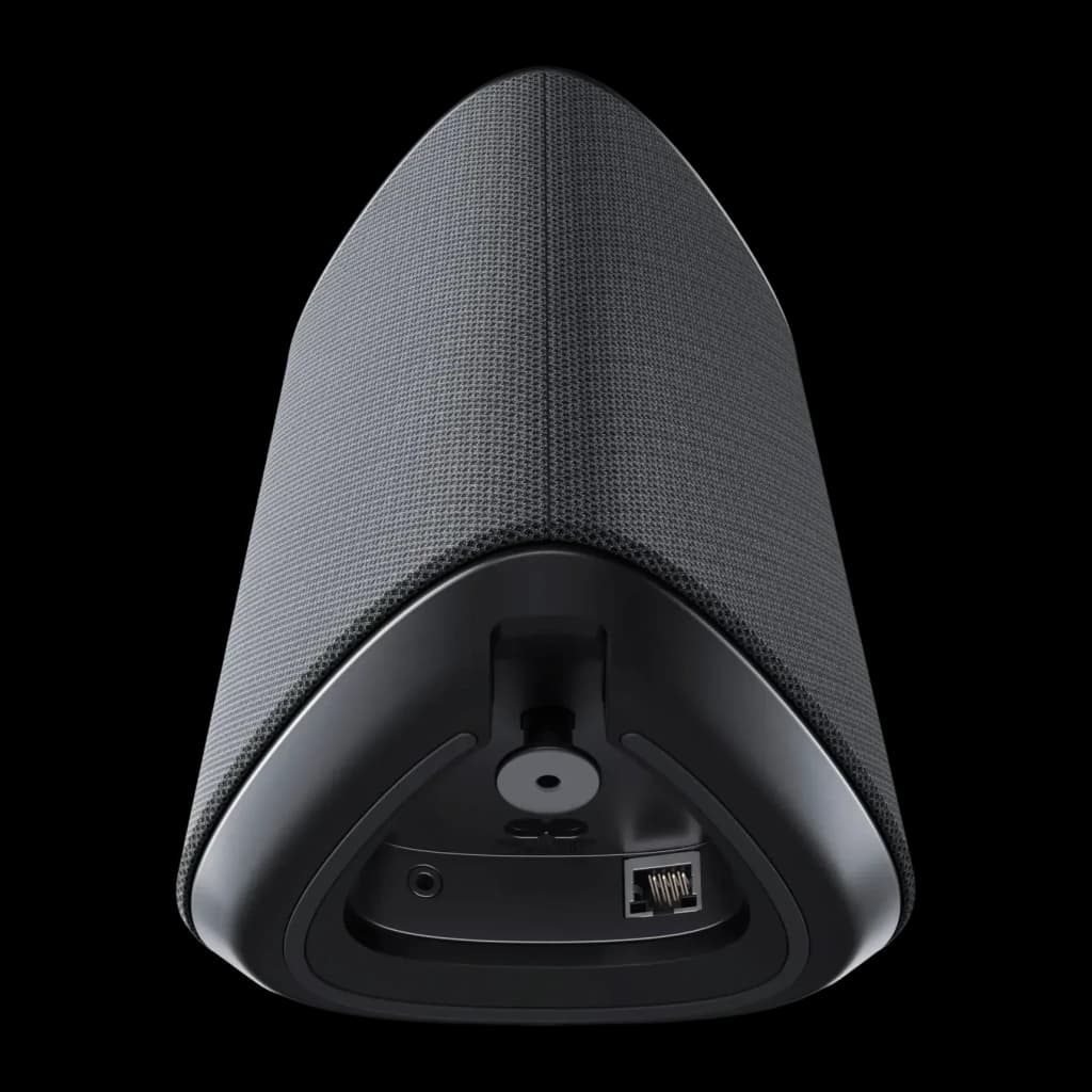 Altavoz Multiroom Loewe Klang MR1 30W WiFi Doble Banda, Bluetooth Gris, vista trasera: base con puerto Ethernet, jack