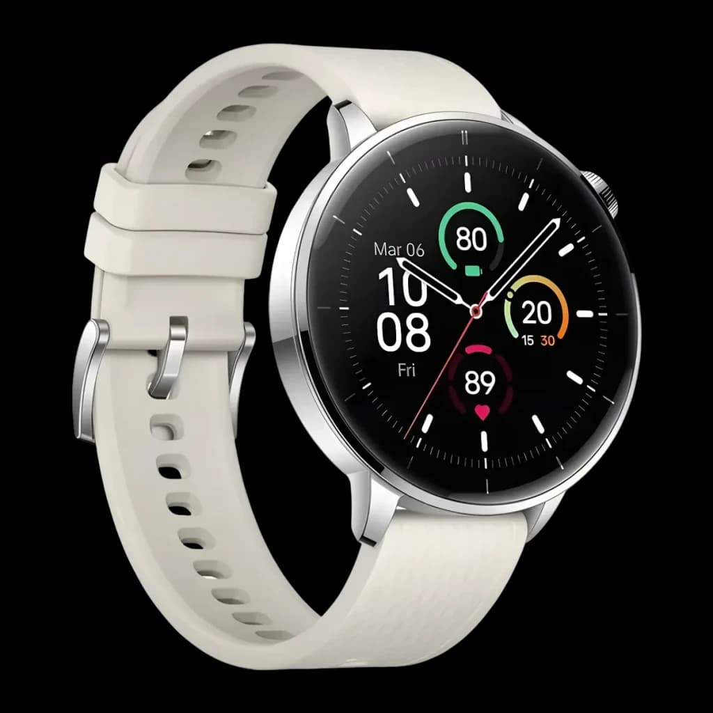 OnePlus Watch 3 43mm Prata NFC FC, SpO2, Barómetro Bateria 7 Dias, vista frontal: mostrador redondo preto com dados
