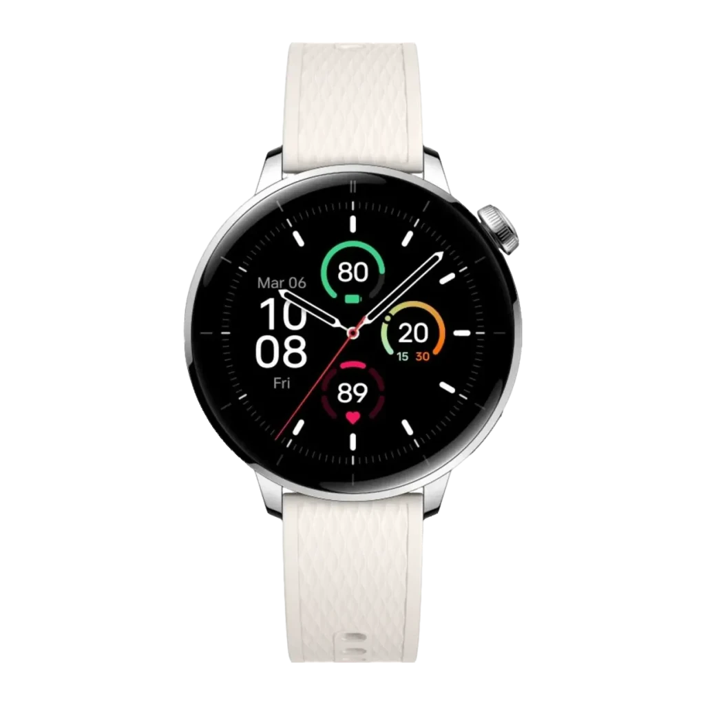 OnePlus Watch 3 43mm Prata NFC FC, SpO2, Barómetro Bateria 7 Dias, detalhe: mostrador com métricas de saúde, pulseira branca