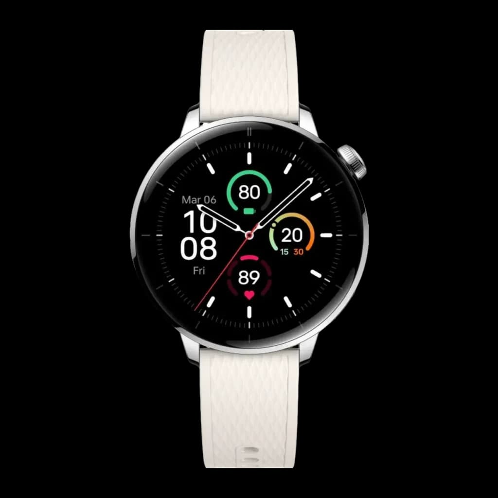 OnePlus Watch 3 43mm Prata NFC FC, SpO2, Barómetro Bateria 7 Dias, detalhe: mostrador com métricas de saúde, pulseira branca