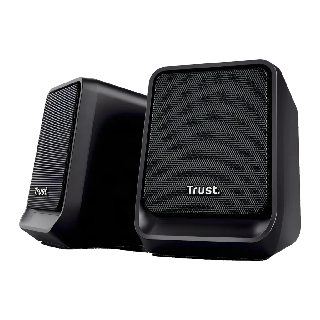 Altavoces Trust Milo 2.0 6W RMS USB, vista frontal: dos altavoces negros con rejilla hexagonal y logo Trust sobre fondo