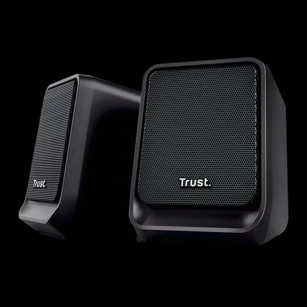 Altavoces Trust Milo 2.0 6W RMS USB, vista frontal: dos altavoces negros con rejilla hexagonal y logo Trust sobre fondo