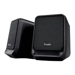 Altavoces Trust Milo 2.0 6W RMS USB, vista frontal: dos altavoces negros con rejilla hexagonal y logo Trust sobre fondo