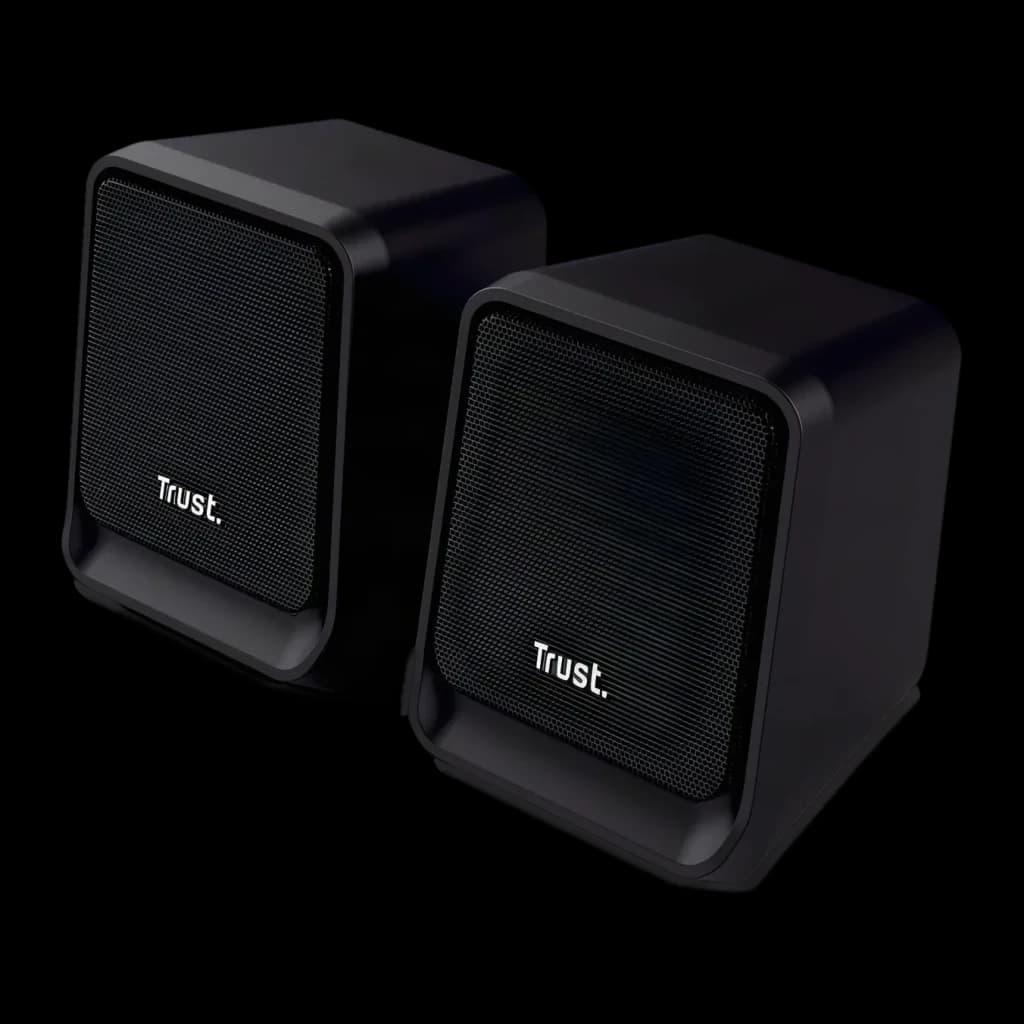 Altavoces Trust Milo 2.0 6W RMS USB, detalle: rejilla frontal y logo Trust en ambas cajas negras compactas
