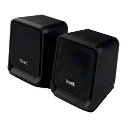 Altavoces Trust Milo 2.0 6W RMS USB, detalle: rejilla frontal y logo Trust en ambas cajas negras compactas