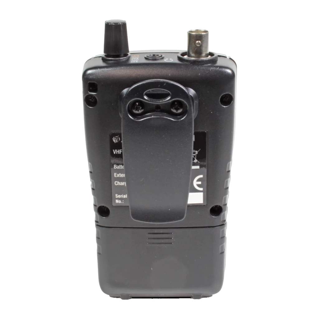 Escáner de frecuencias Albrecht AE 75H 27075 NiMH 2300mAh Negro, vista trasera: clip de cinturón, etiqueta VHF y conector