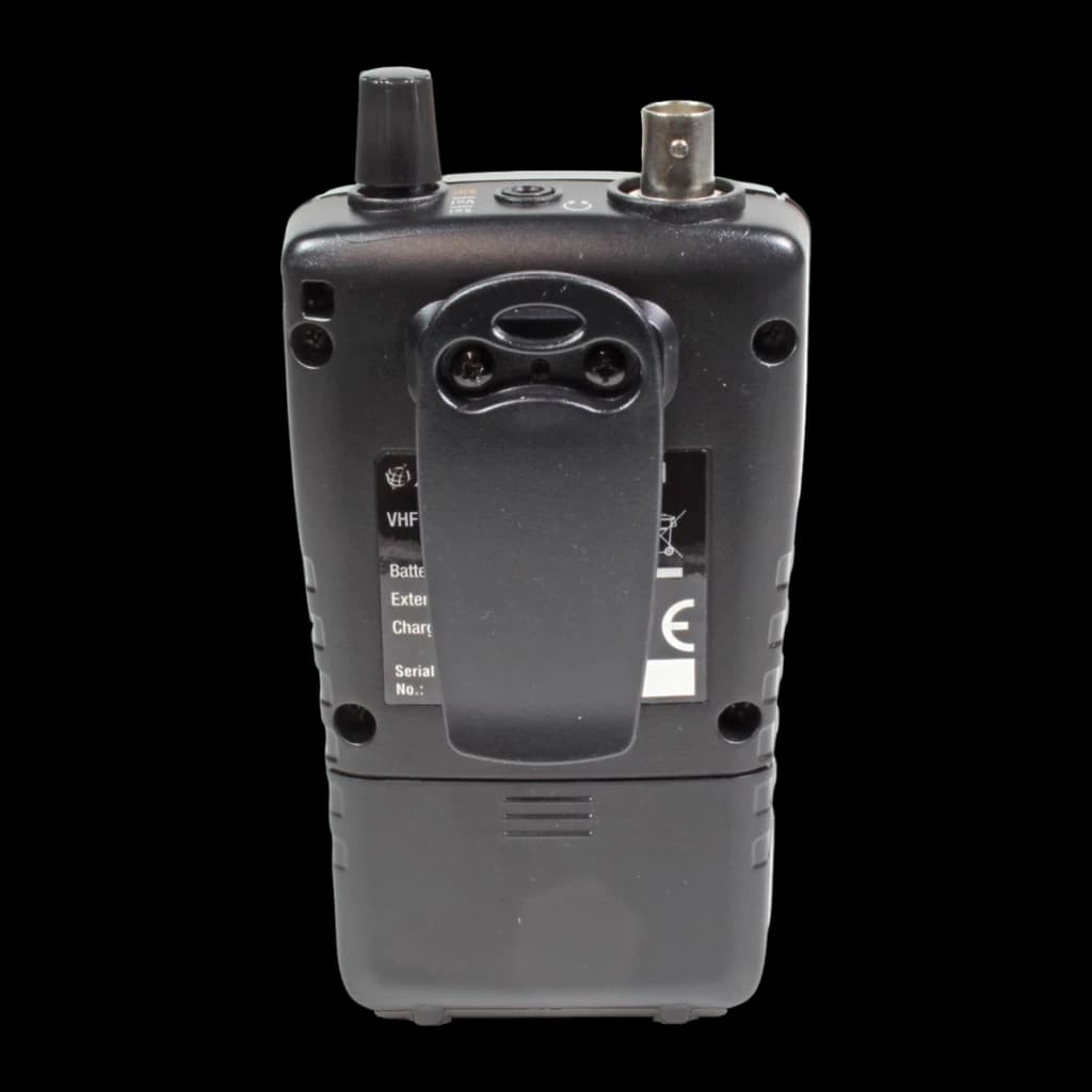 Escáner de frecuencias Albrecht AE 75H 27075 NiMH 2300mAh Negro, vista trasera: clip de cinturón, etiqueta VHF y conector