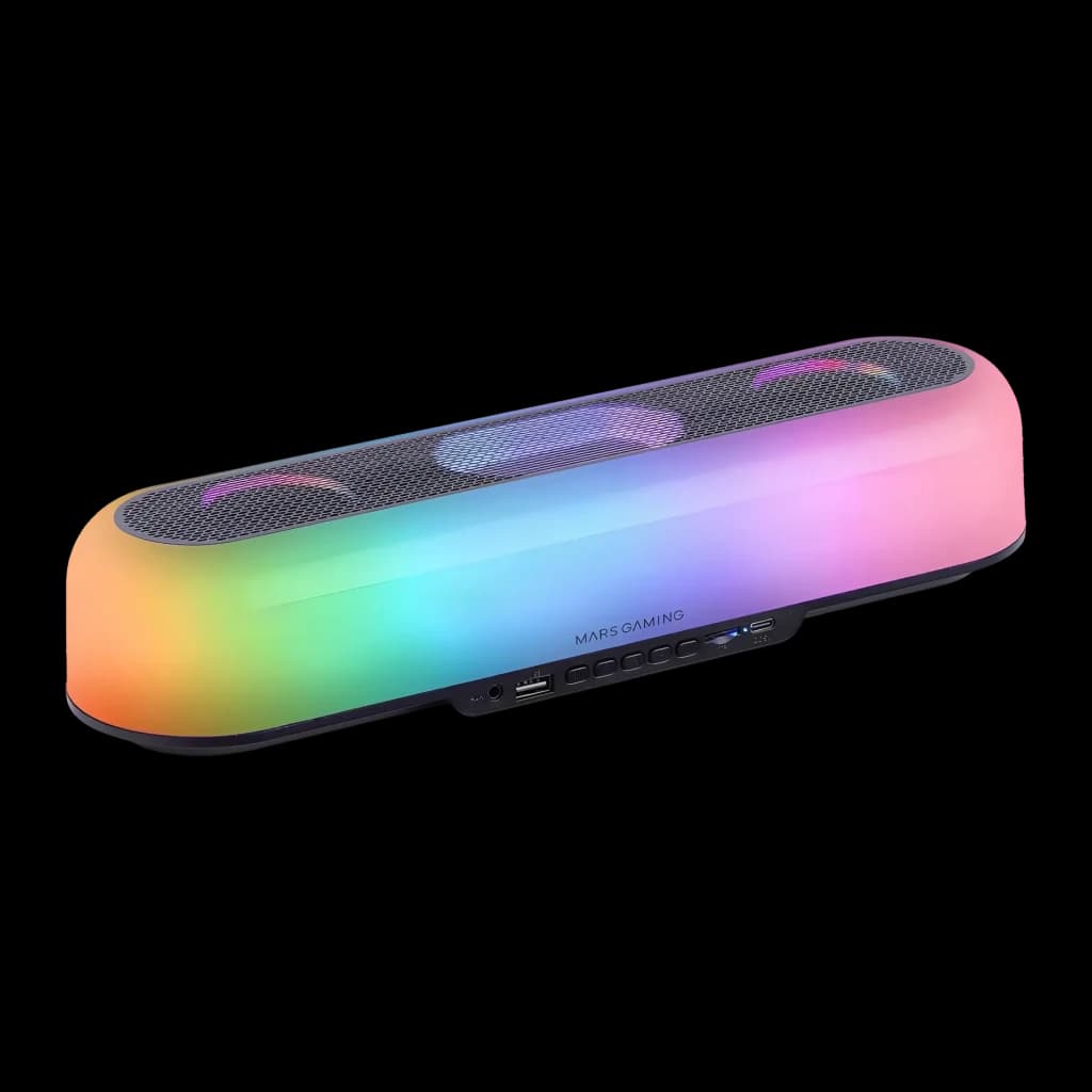 Barra de Som Mars Gaming MSB-ORB RGB 20W 6h Bluetooth 5.3, vista frontal: iluminação RGB espectro completo, grelha superior