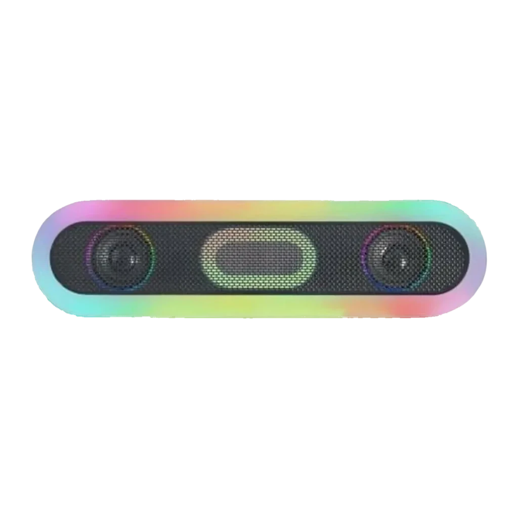 Barra de Som Mars Gaming MSB-ORB RGB 20W 6h Bluetooth 5.3, detalhe frontal: grelha preta com 3 altifalantes e iluminação RGB