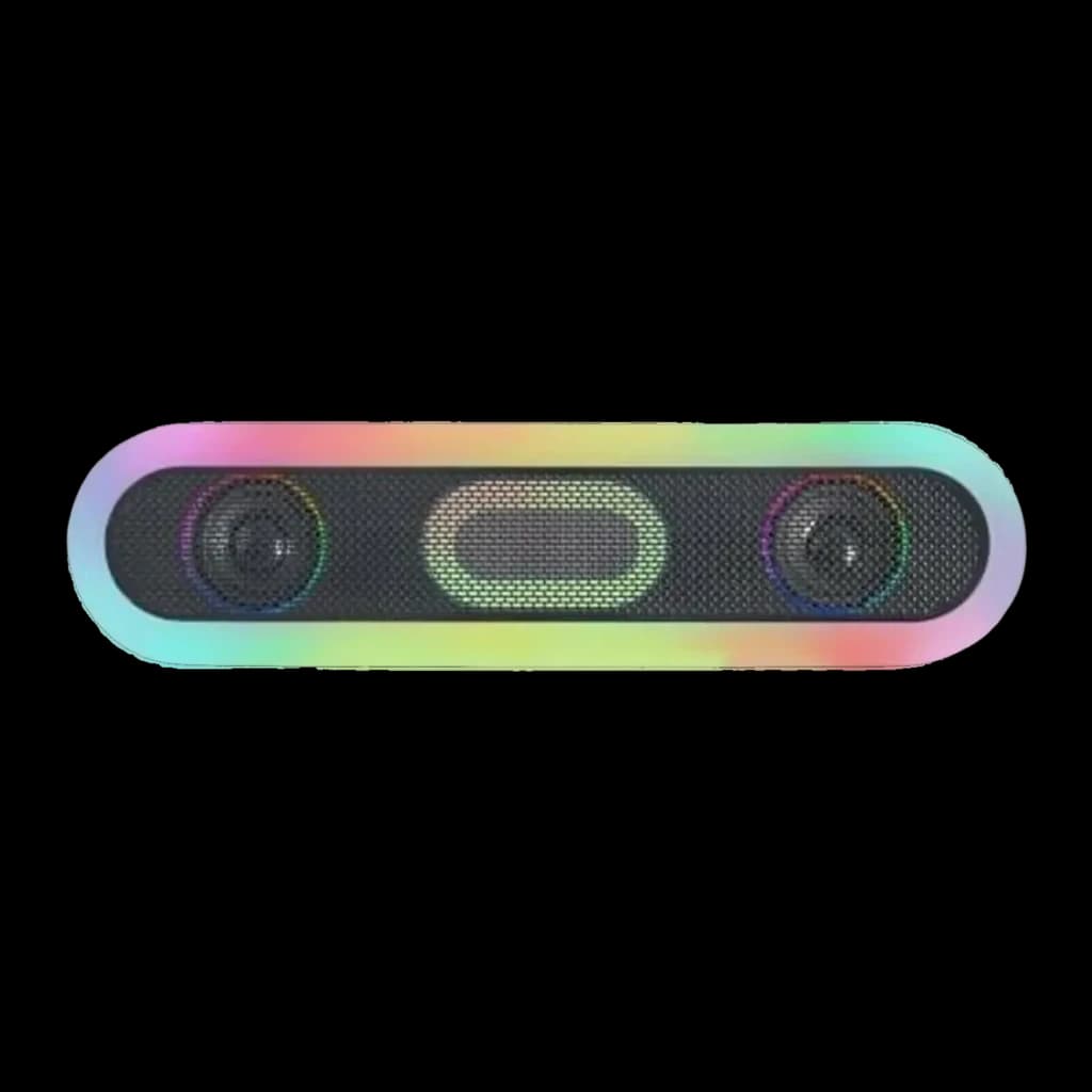 Barra de Som Mars Gaming MSB-ORB RGB 20W 6h Bluetooth 5.3, detalhe frontal: grelha preta com 3 altifalantes e iluminação RGB