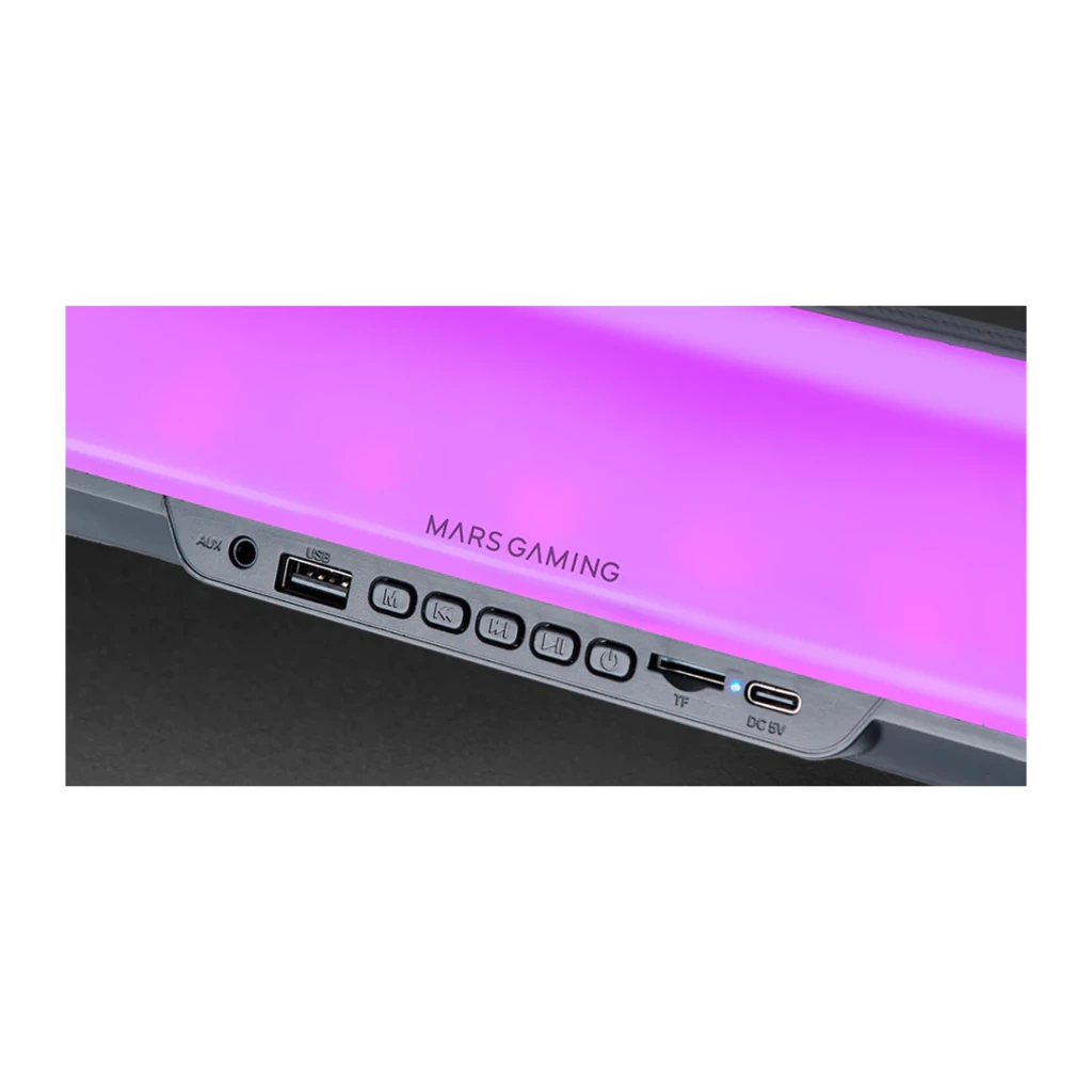 Barra de Som Mars Gaming MSB-ORB RGB 20W 6h Bluetooth 5.3, detalhe: portas AUX, USB, TF, USB-C e botões de controlo laterais