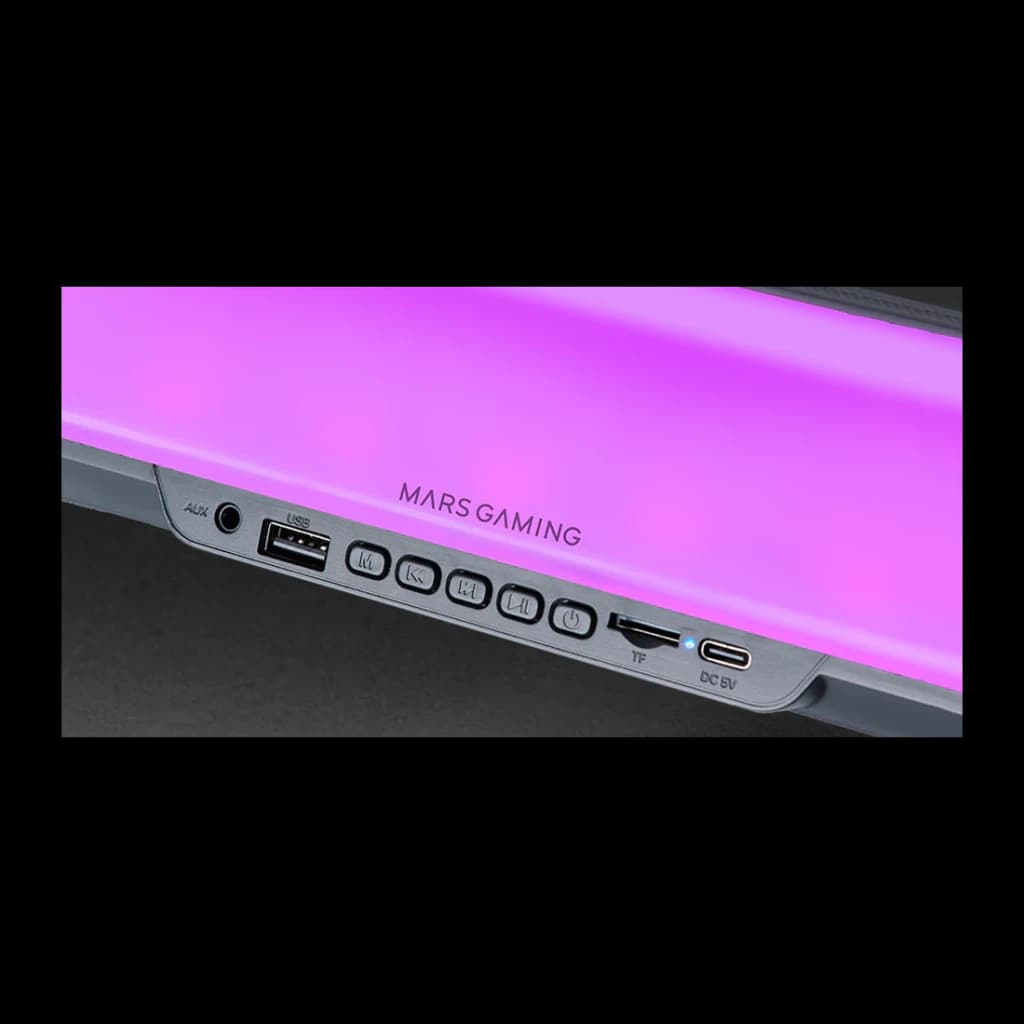 Barra de Som Mars Gaming MSB-ORB RGB 20W 6h Bluetooth 5.3, detalhe: portas AUX, USB, TF, USB-C e botões de controlo laterais