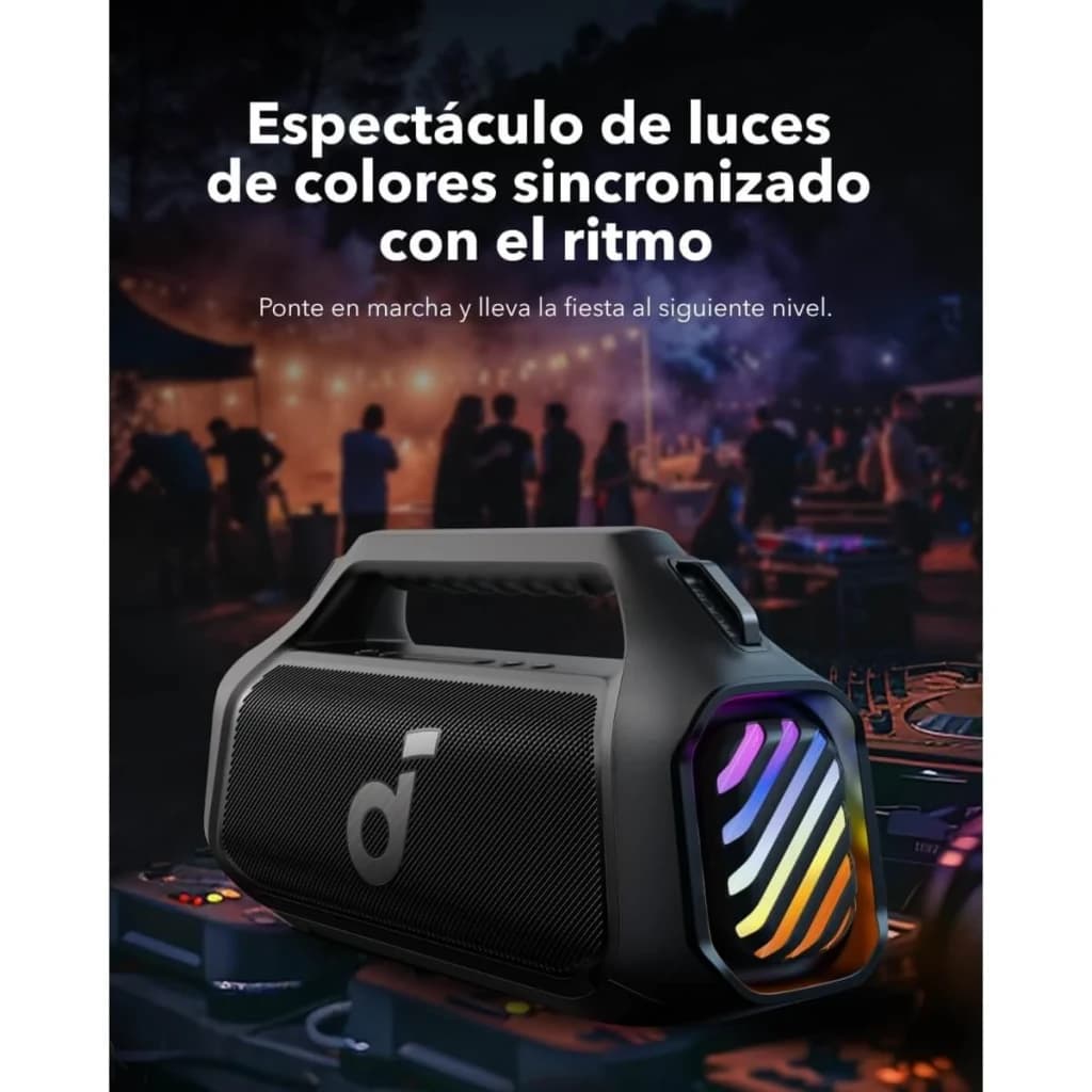 Altavoz portátil Anker Soundcore Boom 2 Plus 140W 20h Bluetooth 5.3 Negro, vista frontal lateral: luces RGB multicolor