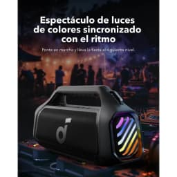 Altavoz portátil Anker Soundcore Boom 2 Plus 140W 20h Bluetooth 5.3 Negro, vista frontal lateral: luces RGB multicolor