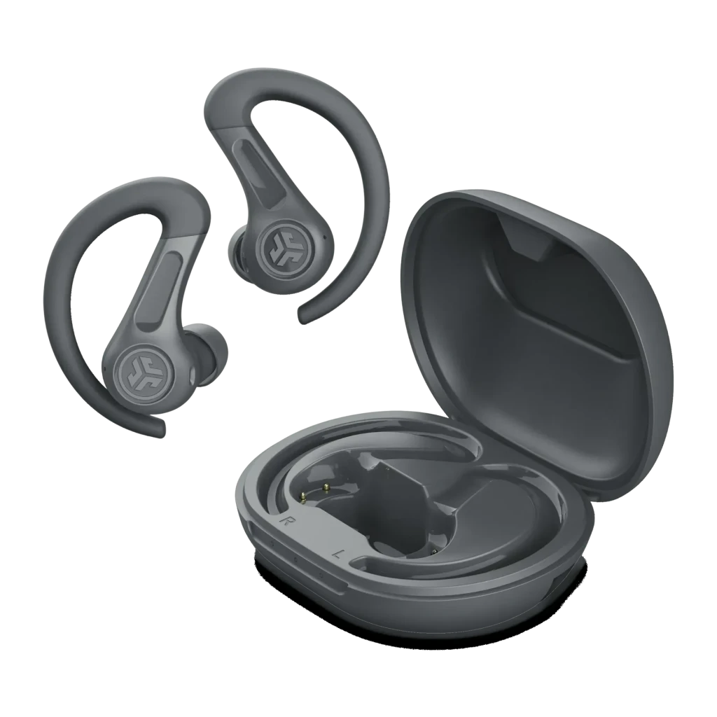 Auriculares JLab Audio JBuds Sport ANC TWS Cancelación de Ruido Híbrida, vista frontal: ganchos de oreja y estuche abierto