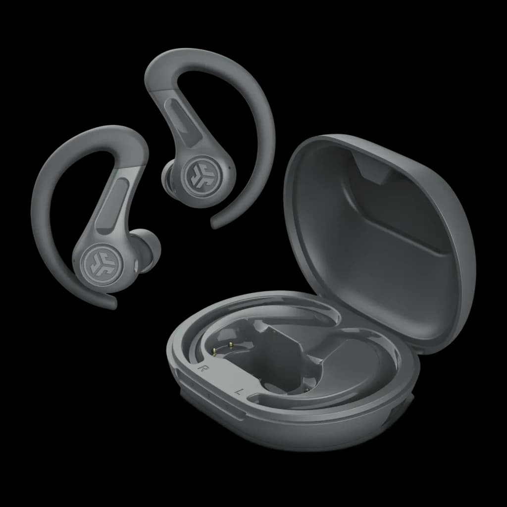 Auriculares JLab Audio JBuds Sport ANC TWS Cancelación de Ruido Híbrida, vista frontal: ganchos de oreja y estuche abierto
