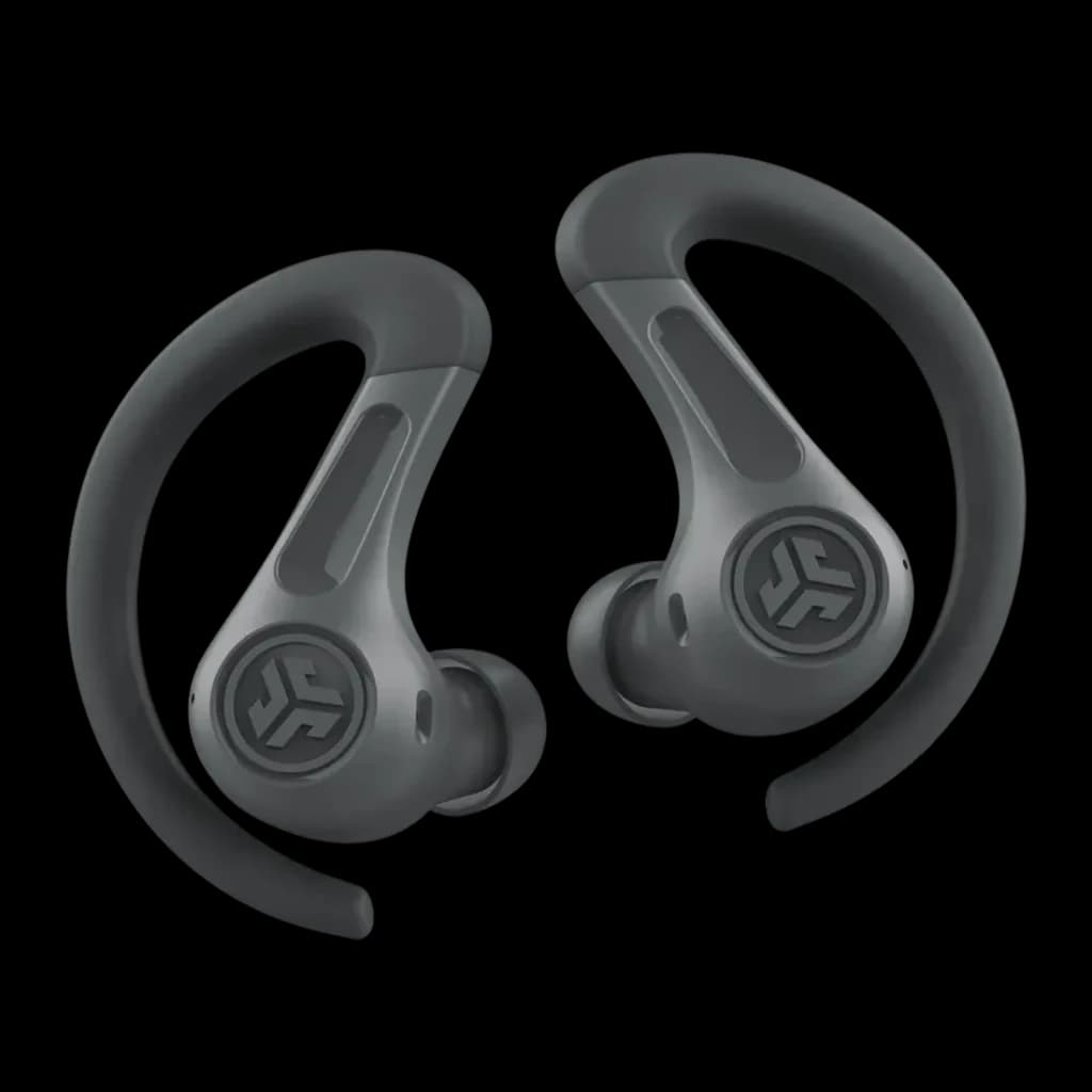 Auriculares JLab Audio JBuds Sport ANC TWS Cancelación de Ruido Híbrida, detalle: par de auriculares grises con ganchos
