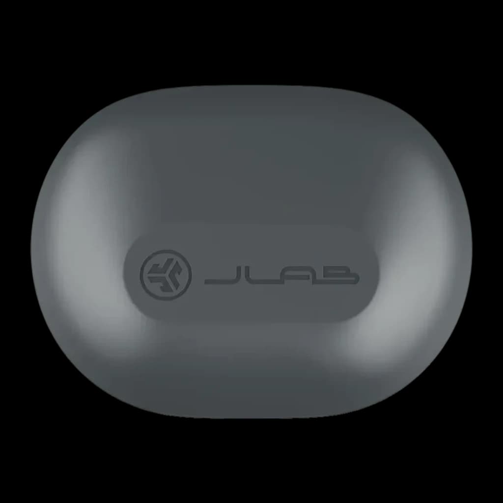 Auriculares JLab Audio JBuds Sport ANC TWS Cancelación de Ruido Híbrida, detalle: tapa del estuche gris con logo JLab
