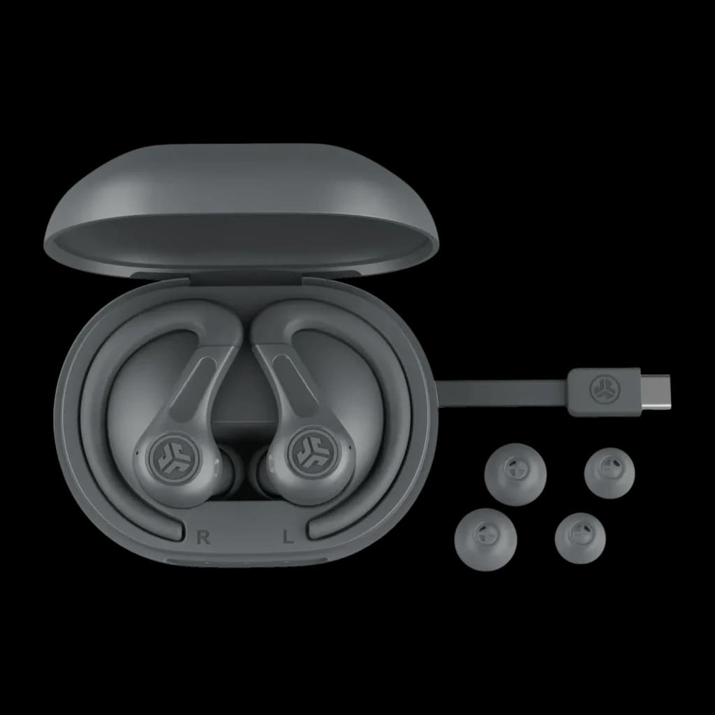 Auriculares JLab Audio JBuds Sport ANC TWS Cancelación de Ruido Híbrida, detalle: estuche abierto con auriculares, cable