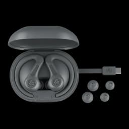 Auriculares JLab Audio JBuds Sport ANC TWS Cancelación de Ruido Híbrida, detalle: estuche abierto con auriculares, cable