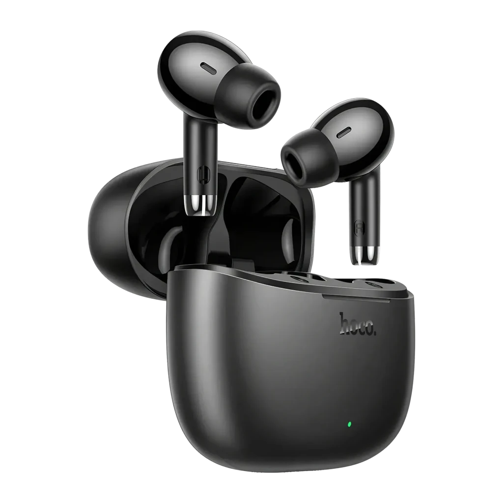 Auriculares Hoco EQ2 Cancelación de Ruido TWS Bluetooth 5.3 Negro, vista frontal: estuche abierto con ambos earbuds