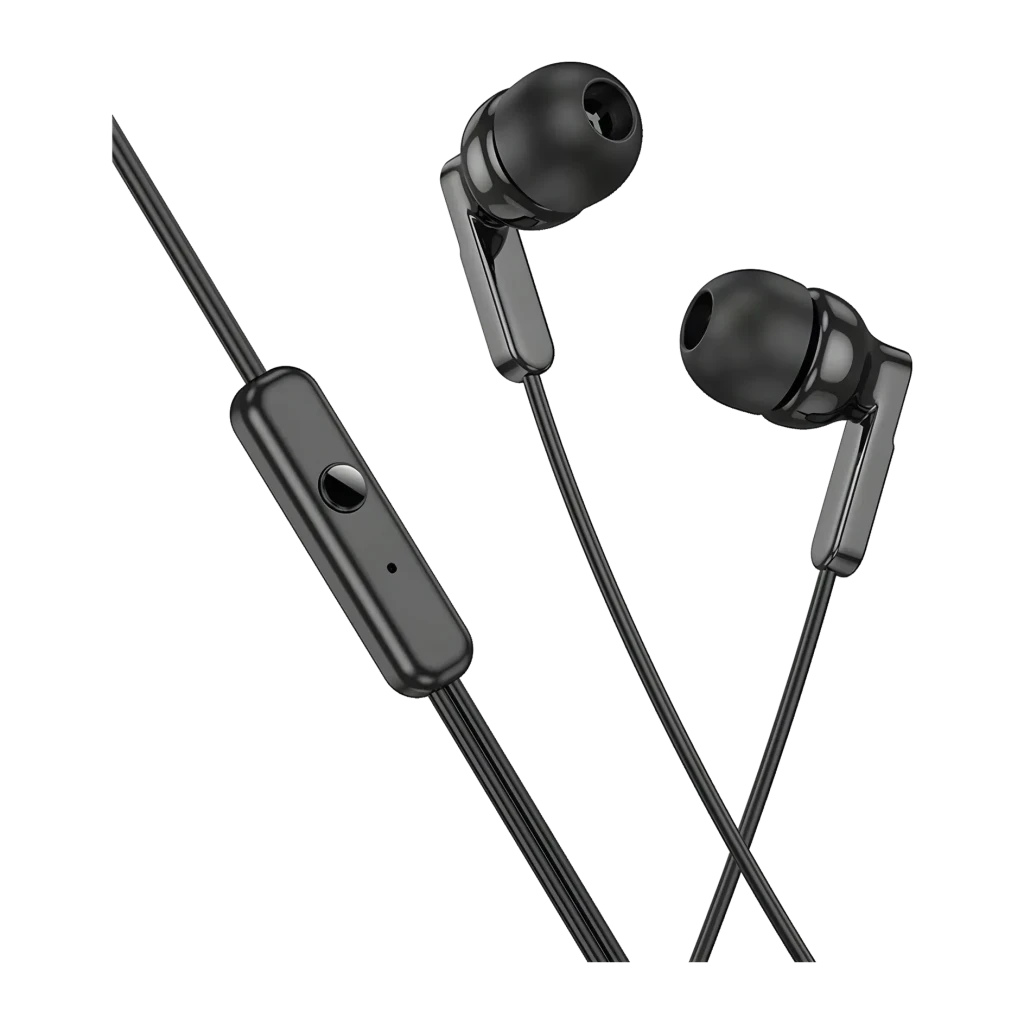 Auriculares HOCO M121 Bright In-Ear Jack 3,5mm, vista frontal: dos auriculares negros con almohadillas, cable y mando