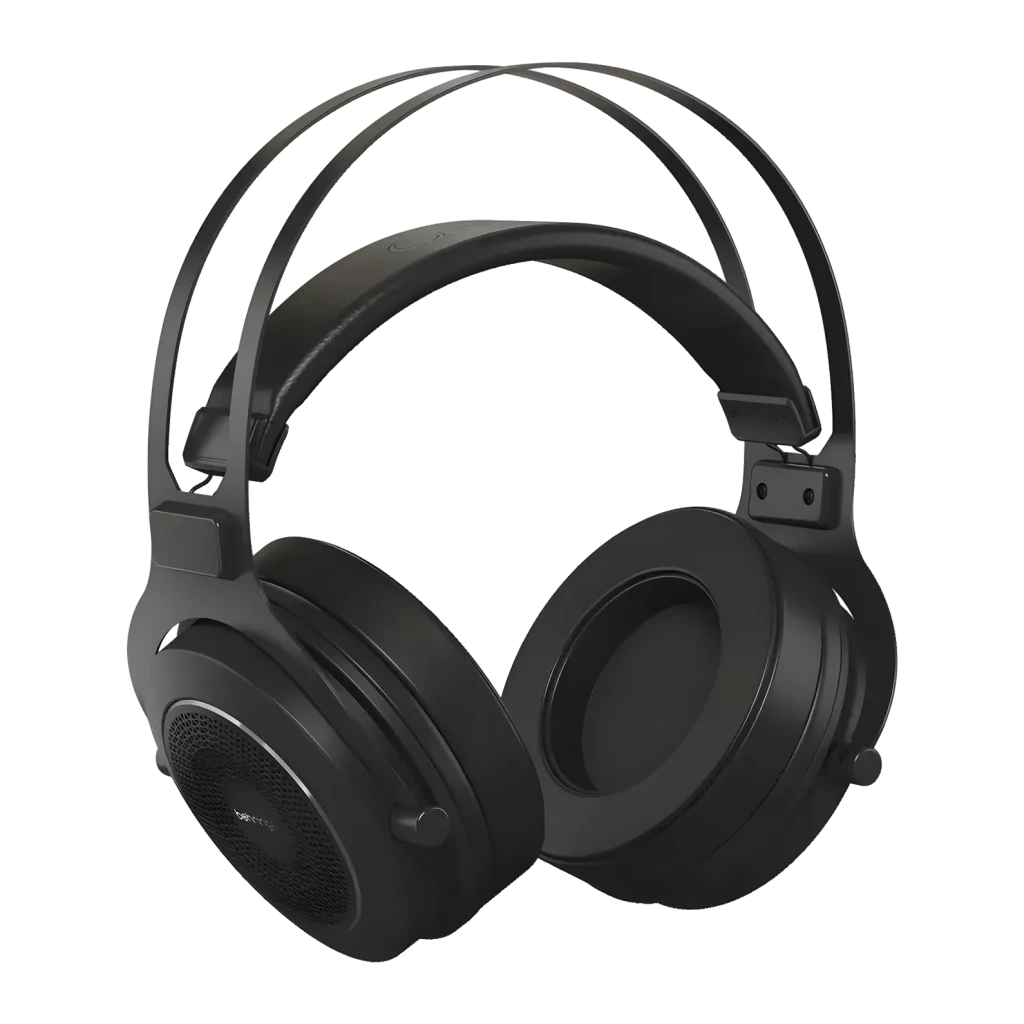 Casque Behringer OMEGA Circum-Aural Open-Back Filaire, vue de face: double arceau, coussinets circumauraux et grille ouverte