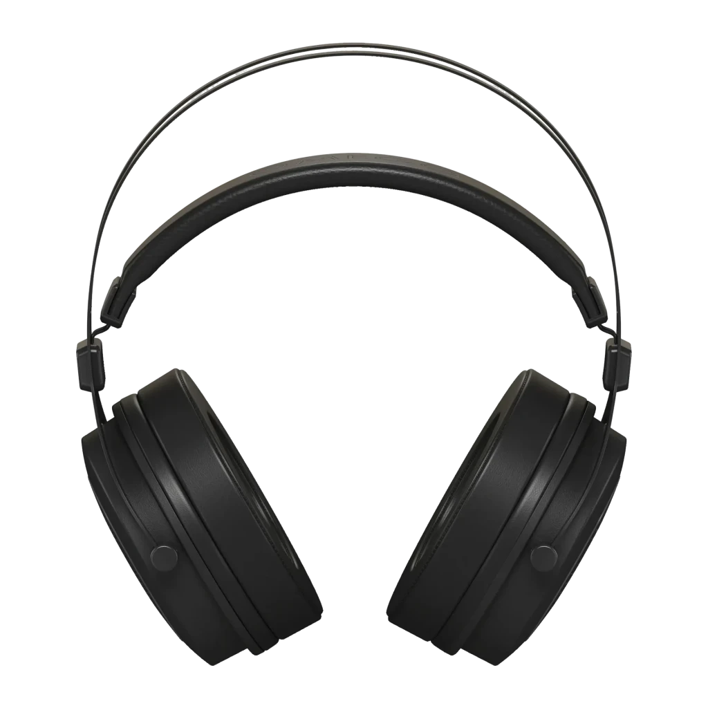 Casque Behringer OMEGA Circum-Aural Open-Back Filaire, détail face avant: arceau métallique réglable et coussinets cuir noir