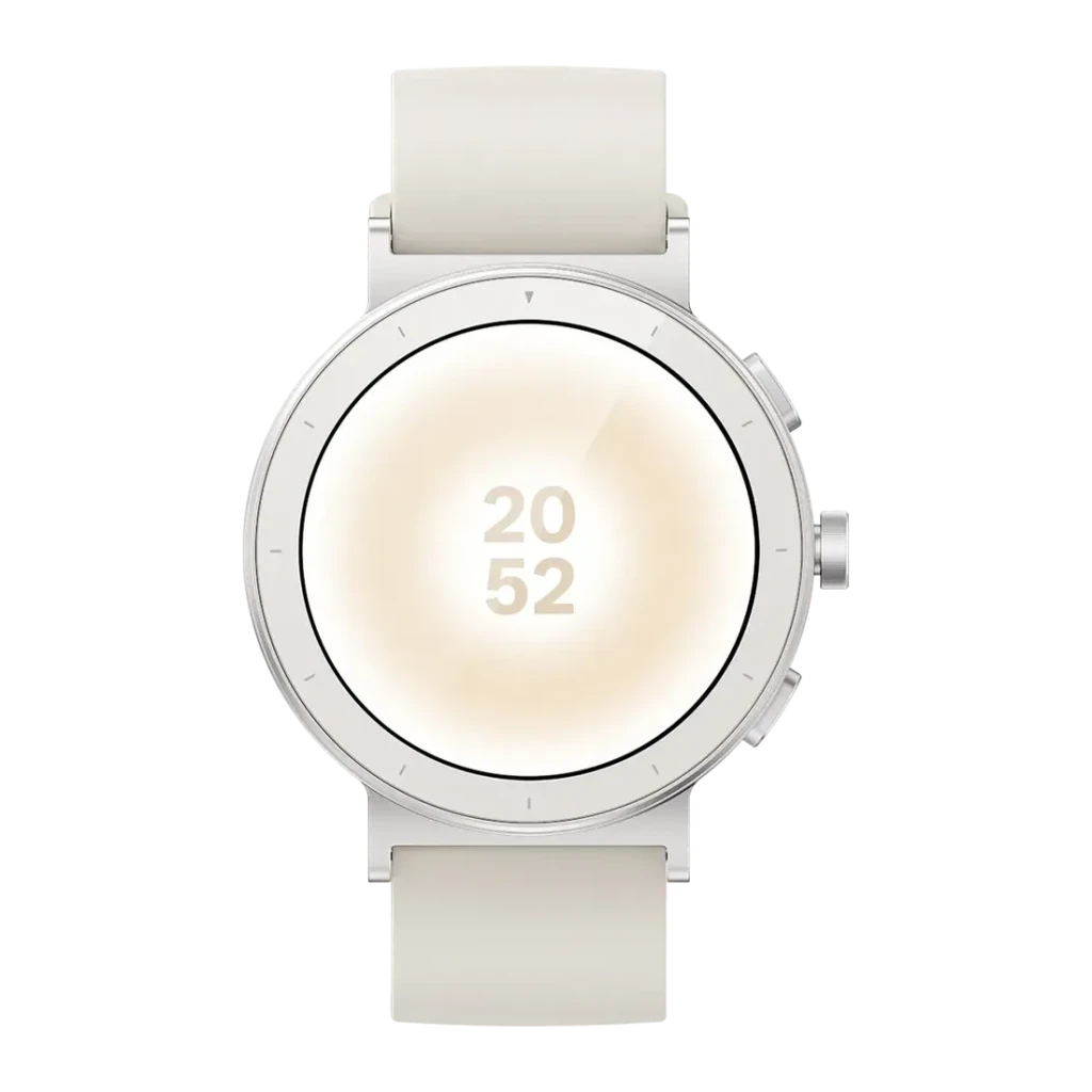 Realme Watch S5 Branco Areia GPS integrado Chamadas Bluetooth, detalhe: mostrador circular com hora 20:52 e bracelete branco