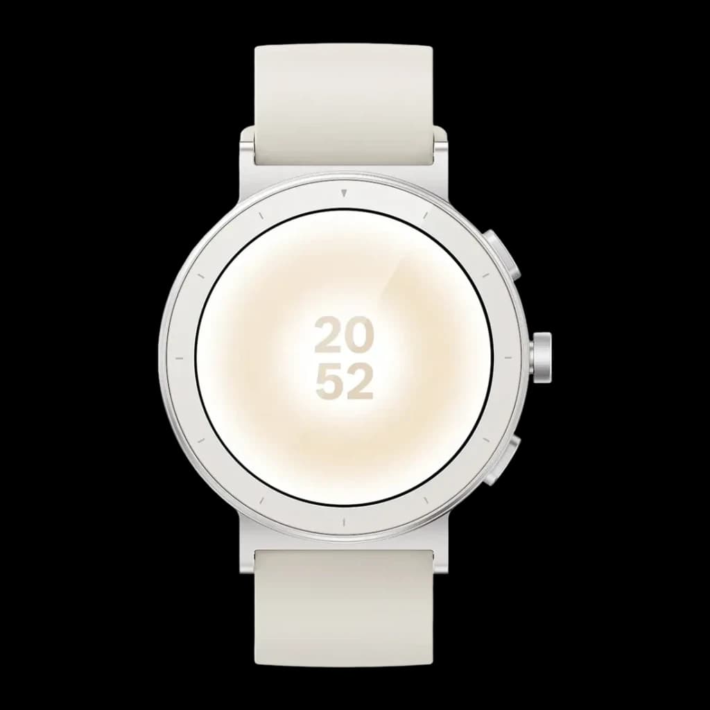 Realme Watch S5 Branco Areia GPS integrado Chamadas Bluetooth, detalhe: mostrador circular com hora 20:52 e bracelete branco