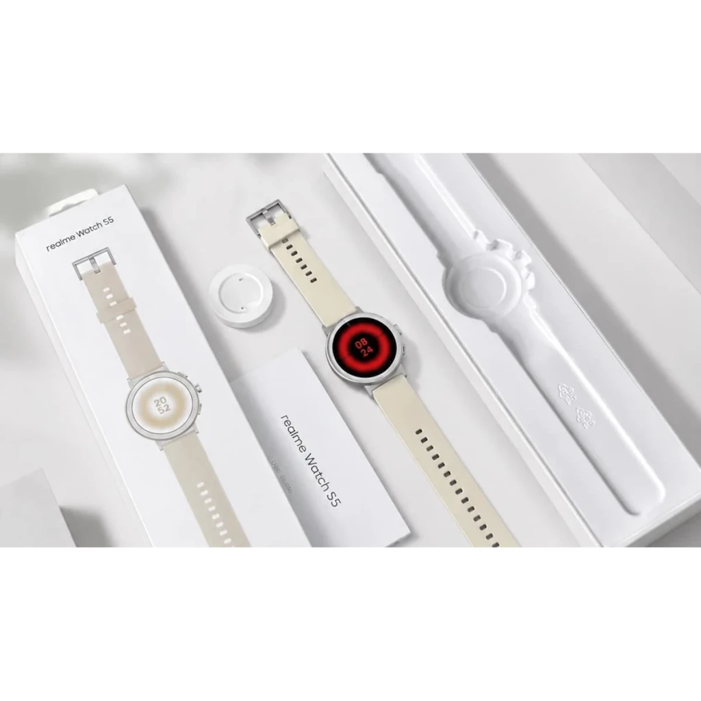 Realme Watch S5 Branco Areia GPS integrado Chamadas Bluetooth, conteúdo da caixa: relógio, carregador magnético e bracelete
