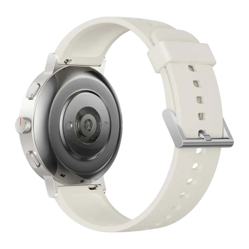Realme Watch S5 Branco Areia GPS integrado Chamadas Bluetooth, vista traseira: caixa prateada com sensor ótico e bracelete
