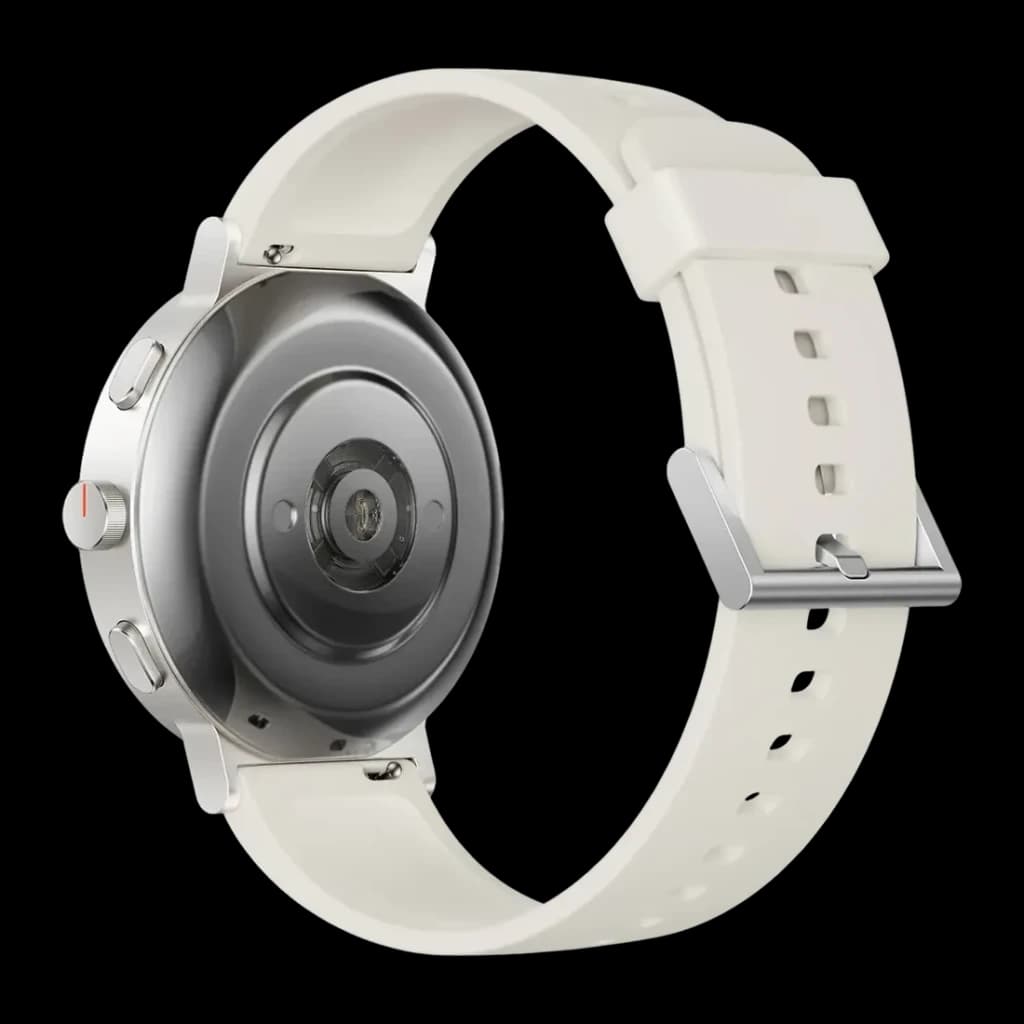 Realme Watch S5 Branco Areia GPS integrado Chamadas Bluetooth, vista traseira: caixa prateada com sensor ótico e bracelete
