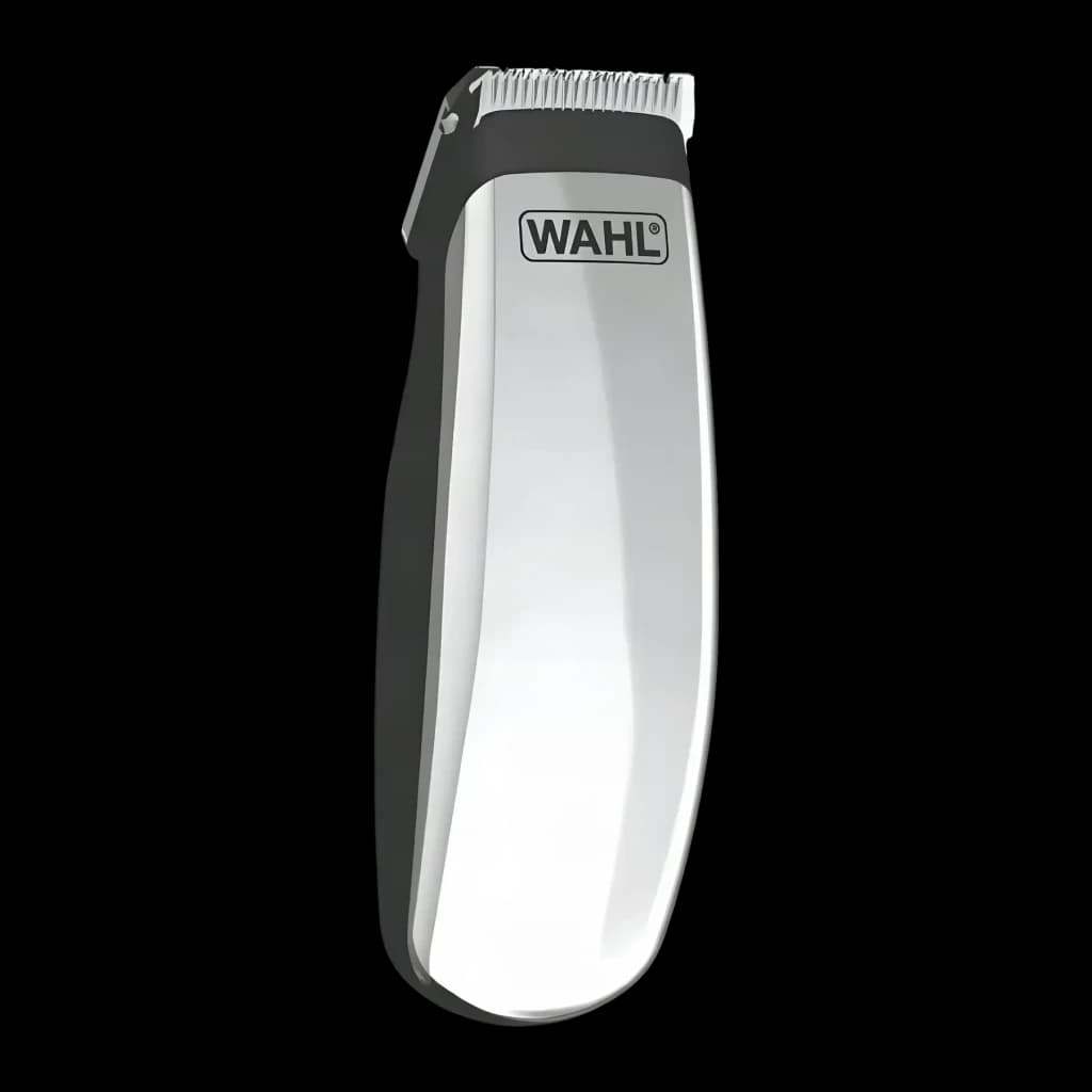 Tosquiadora Wahl Pocket Pro Sem Fios Pilhas AA Preto Prata WA9962-2016, vista frontal: corpo prateado com logótipo Wahl