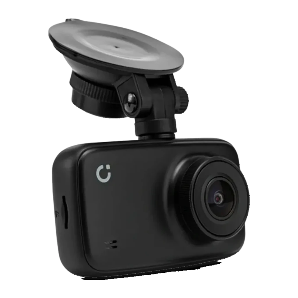 Dashcam Prido i7 Pro WiFi Preto 1CH 1080p 60fps, vista frontal: objetiva grande angular, logo Prido e ventosa de montagem