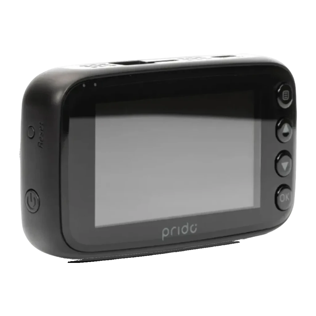 Dashcam Prido i7 Pro WiFi Preto 1CH 1080p 60fps, vista traseira: ecrã LCD, botões de navegação e logótipo Prido