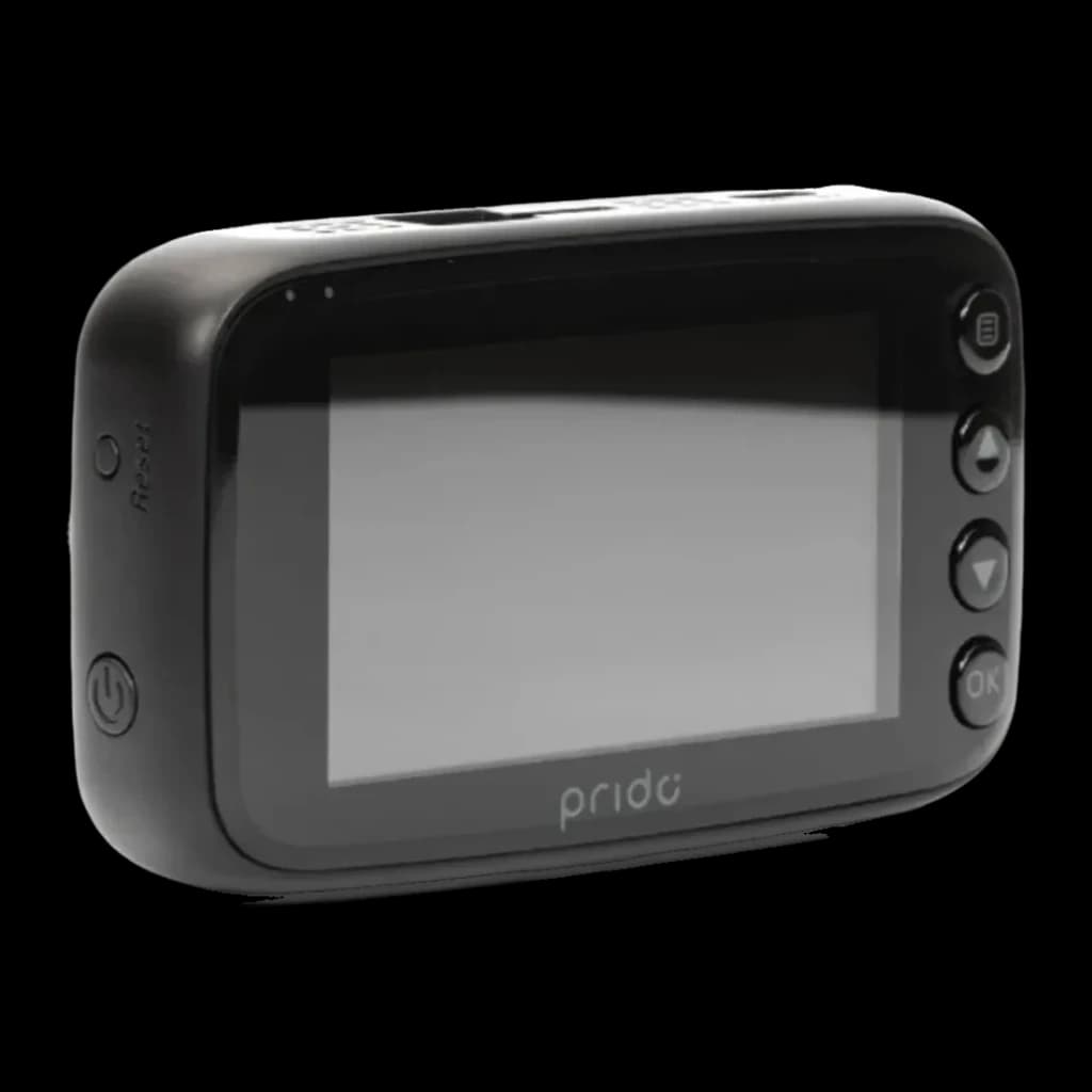 Dashcam Prido i7 Pro WiFi Preto 1CH 1080p 60fps, vista traseira: ecrã LCD, botões de navegação e logótipo Prido