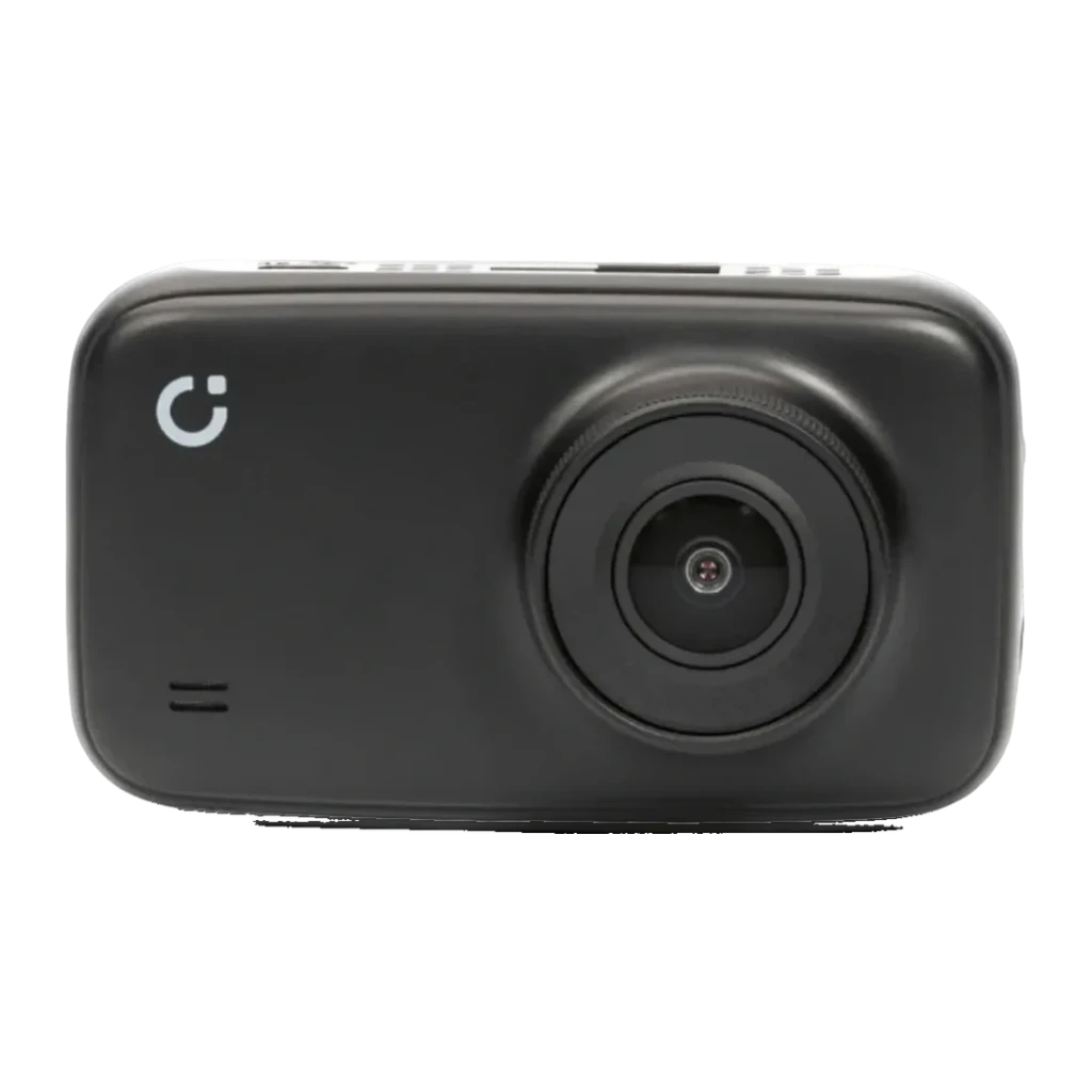Dashcam Prido i7 Pro WiFi Preto 1CH 1080p 60fps, detalhe frontal: objetiva grande angular centrada e logo Prido