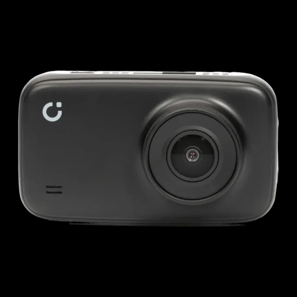 Dashcam Prido i7 Pro WiFi Preto 1CH 1080p 60fps, detalhe frontal: objetiva grande angular centrada e logo Prido