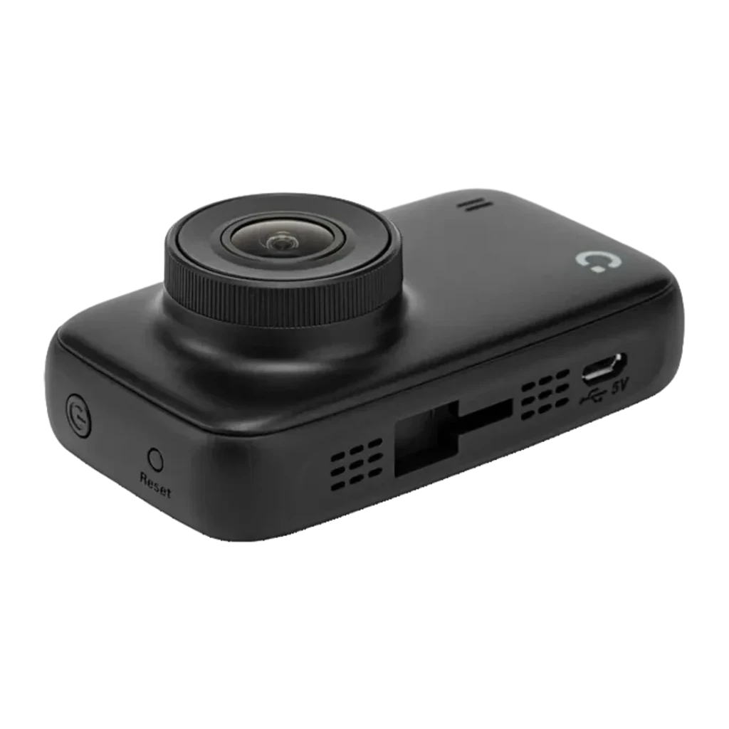 Dashcam Prido i7 Pro WiFi Preto 1CH 1080p 60fps, detalhe lateral: objetiva grande angular, porta USB-C 5V, slot microSD