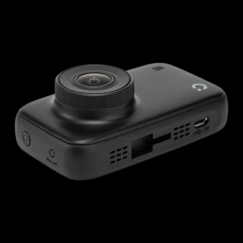 Dashcam Prido i7 Pro WiFi Preto 1CH 1080p 60fps, detalhe lateral: objetiva grande angular, porta USB-C 5V, slot microSD