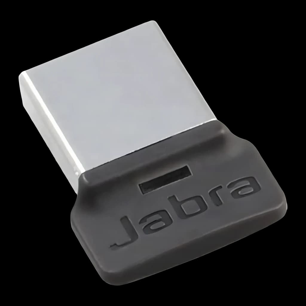 Adaptador Jabra Link 370 UC Bluetooth 4.2 USB Dongle, vista frontal: cuerpo negro con logo Jabra grabado y carcasa metálica