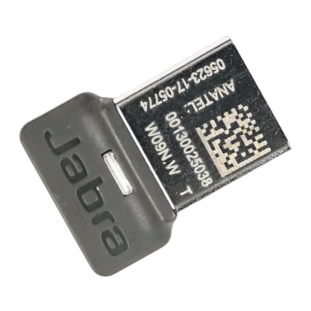Adaptador Jabra Link 370 UC Bluetooth 4.2 USB Dongle, vista trasera: etiqueta con código QR, número ANATEL y logo Jabra
