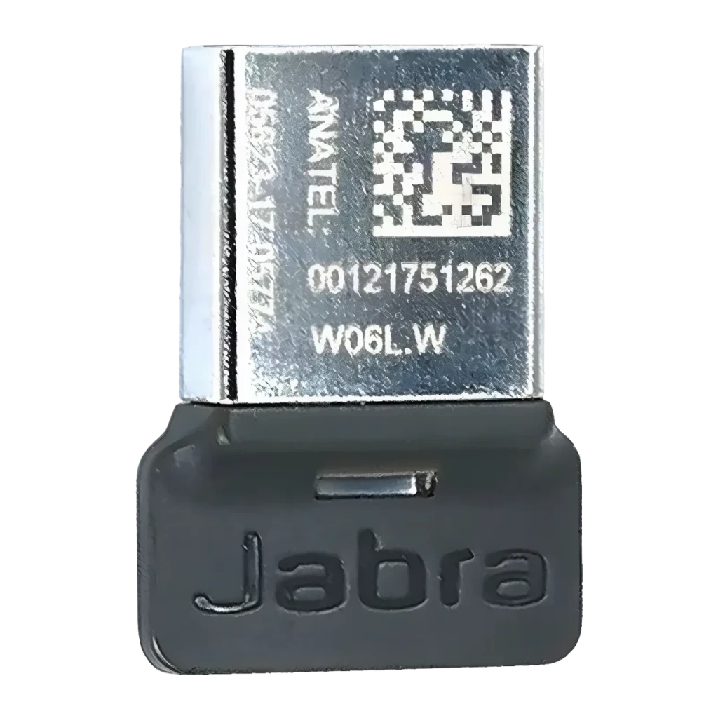 Adaptador Jabra Link 370 UC Bluetooth 4.2 USB Dongle, vista trasera: etiqueta plateada con código QR, número de serie