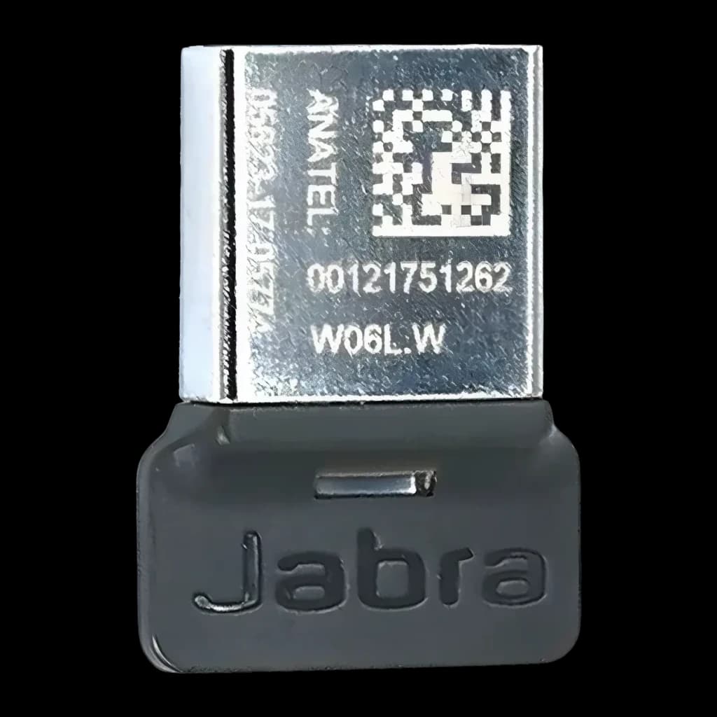 Adaptador Jabra Link 370 UC Bluetooth 4.2 USB Dongle, vista trasera: etiqueta plateada con código QR, número de serie
