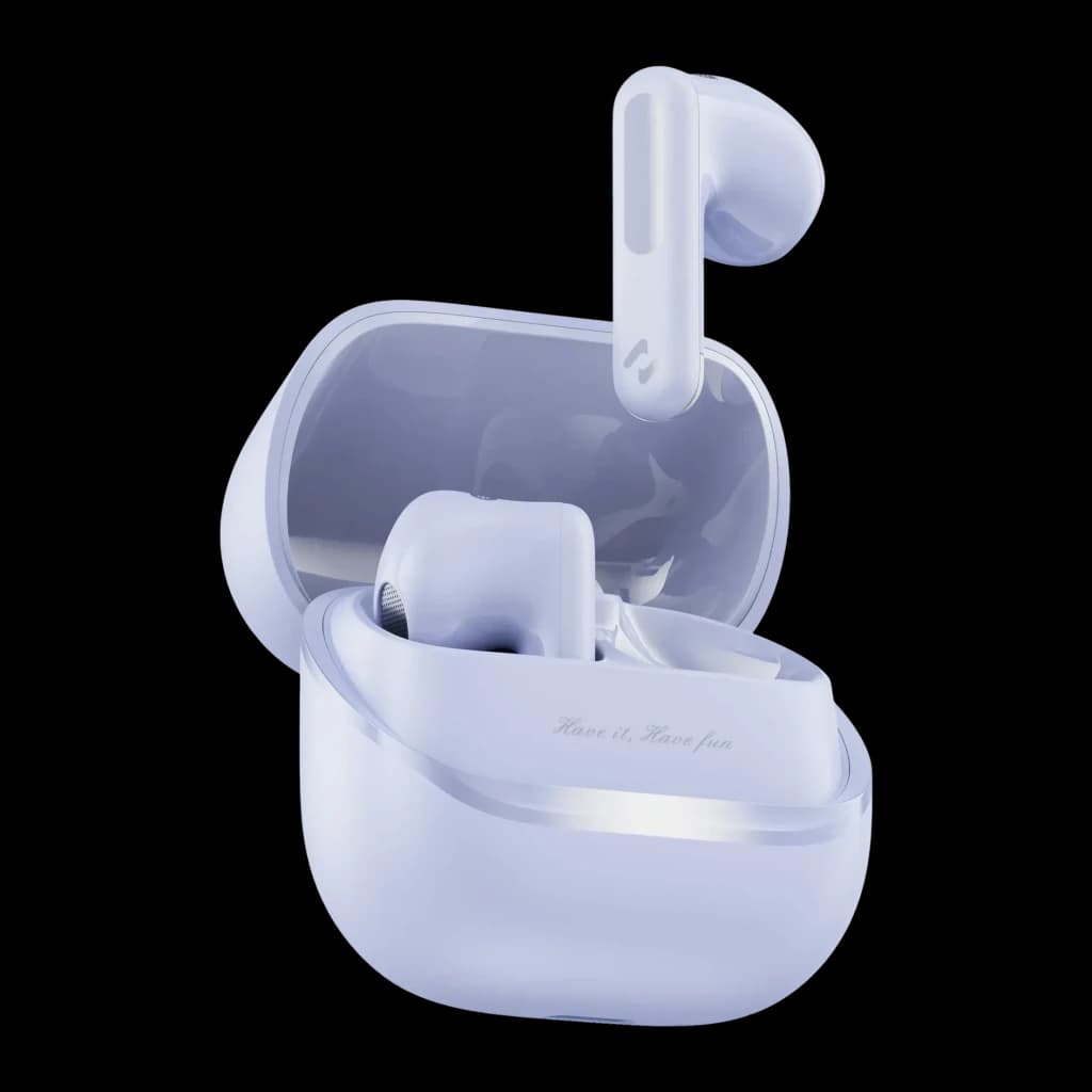 Auriculares Havit TW983 TWS Bluetooth 6.0 9h (40,5h con estuche) Púrpura, detalle: estuche abierto con un earbud dentro