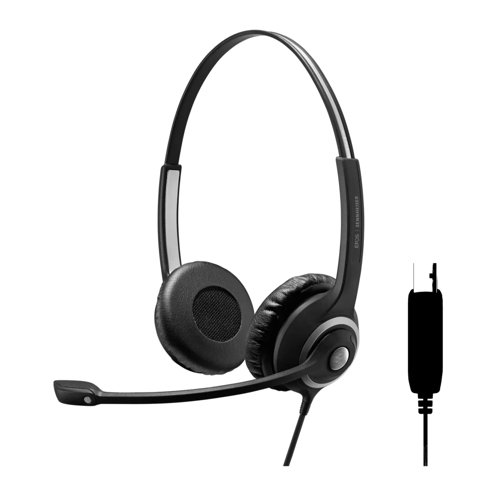 Auriculares EPOS Impact SC 260 Headset Cabo USB preto, vista frontal: duas almofadas, arco prateado e microfone flexível