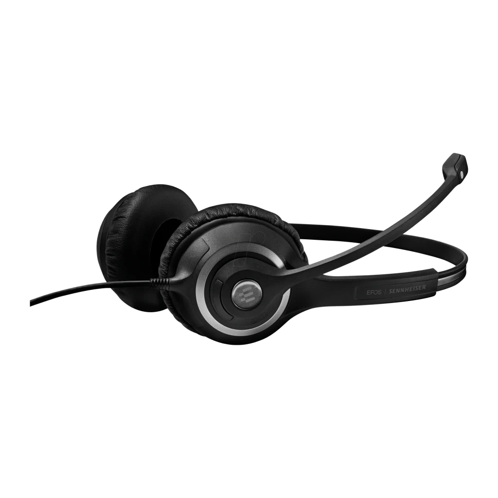 Auriculares EPOS Impact SC 260 Headset Cabo USB, detalhe: vista lateral com microfone extensível, almofadas e logótipo EPOS